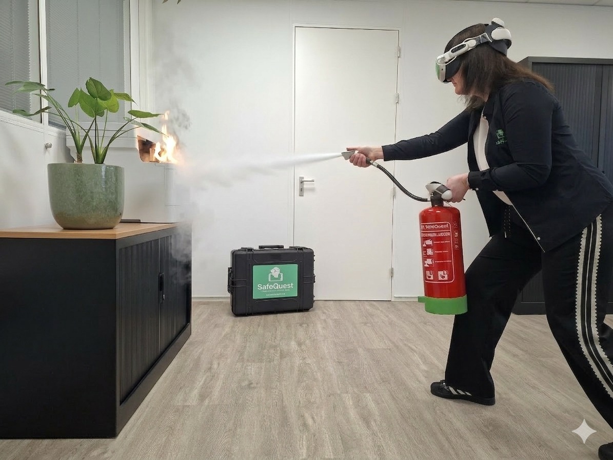 Brandtraining in actie met XR headset en brandblusser